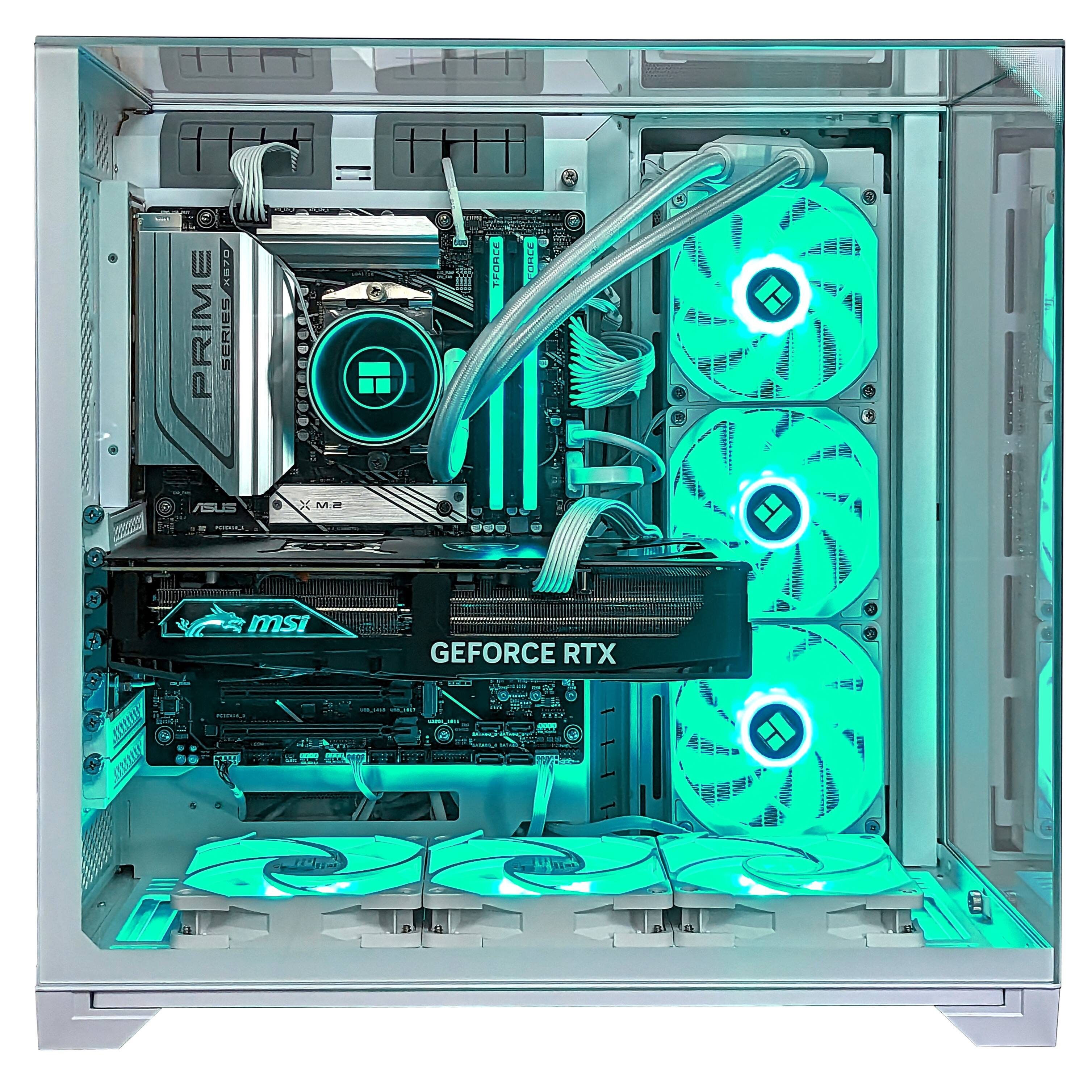 The image features a computer with a white case and a green light. The computer is equipped with a GeForce RTX graphics card and a Prime series Tforce Duice. The case also has a white and black color scheme.