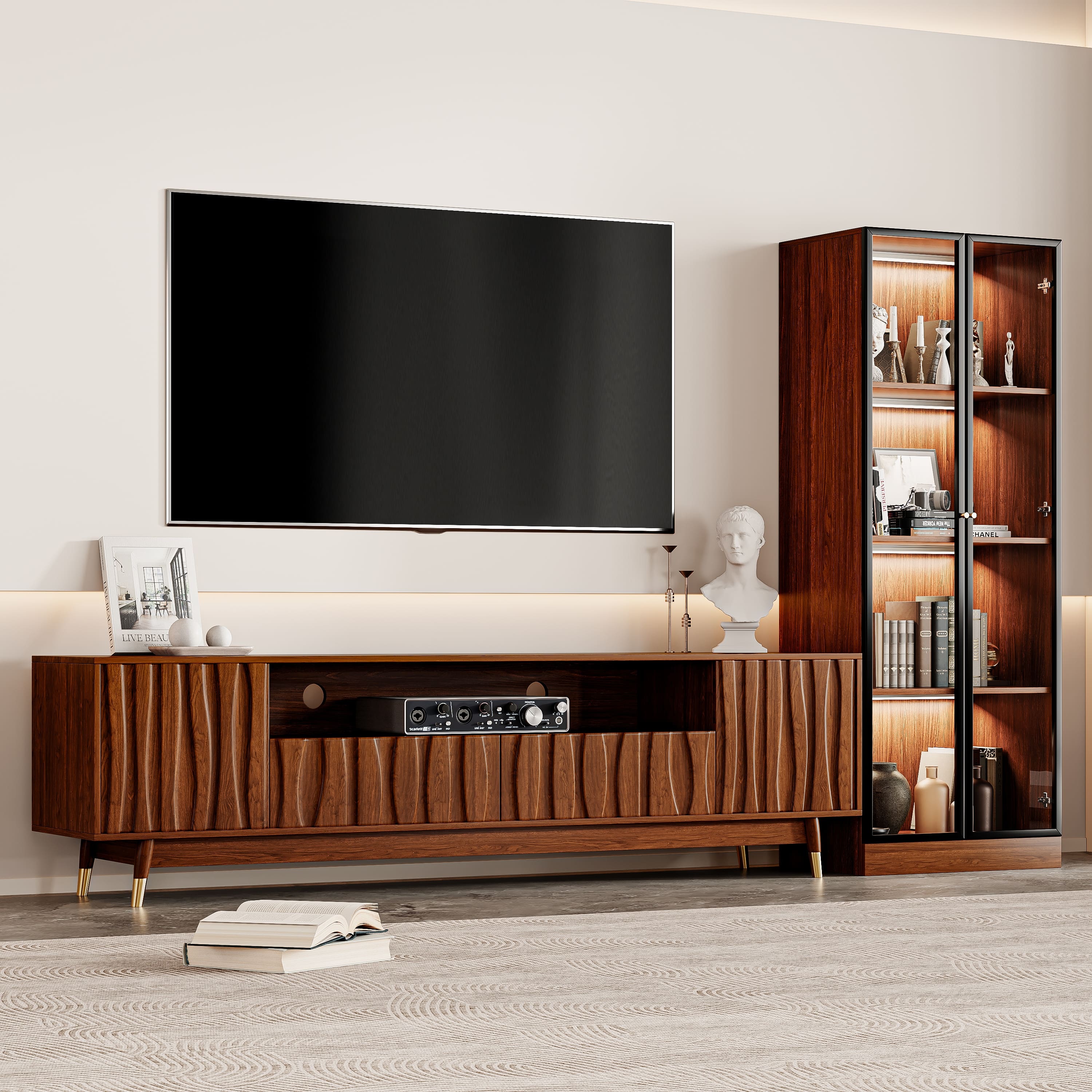 MSOOB - 102.3-inch Walnut Furniture Set Includes A TV Stand and A Glass Display, For TVs up to 85'', For Display and Collection - Brown