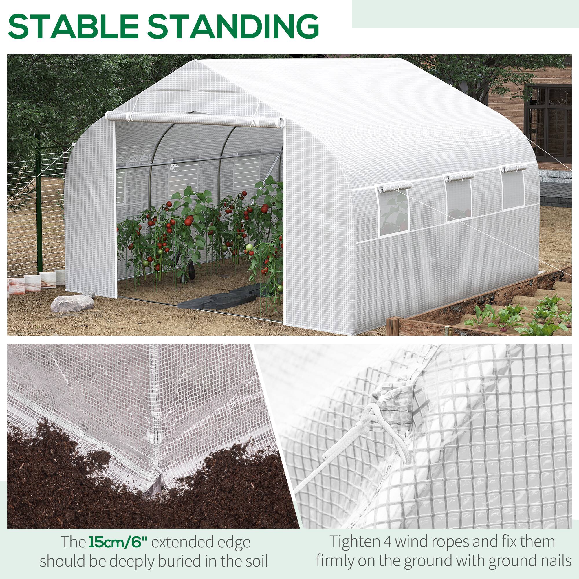 STABLE STANDING

The 15cm/6" extended edge should be deeply buried in the soil

Tighten 4 wind ropes and fix them firmly on the ground with ground nails
