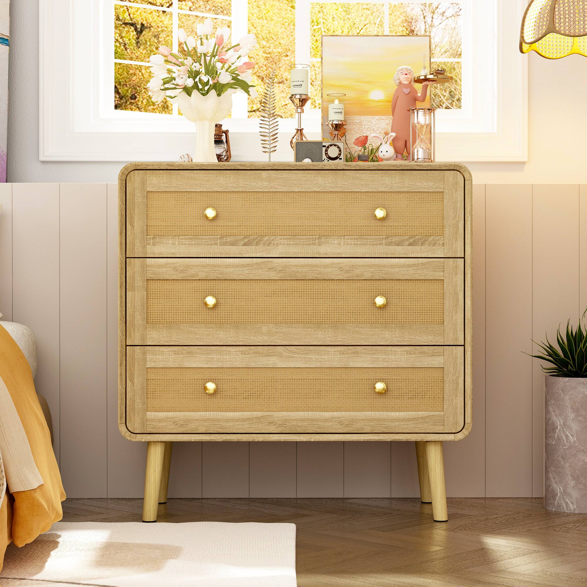Alt View 6. Famapy - Famapy Rattan - Accented Nightstand with Rounded Corners: 3 - Drawer Storage for Bedroom & Office - Wooden.