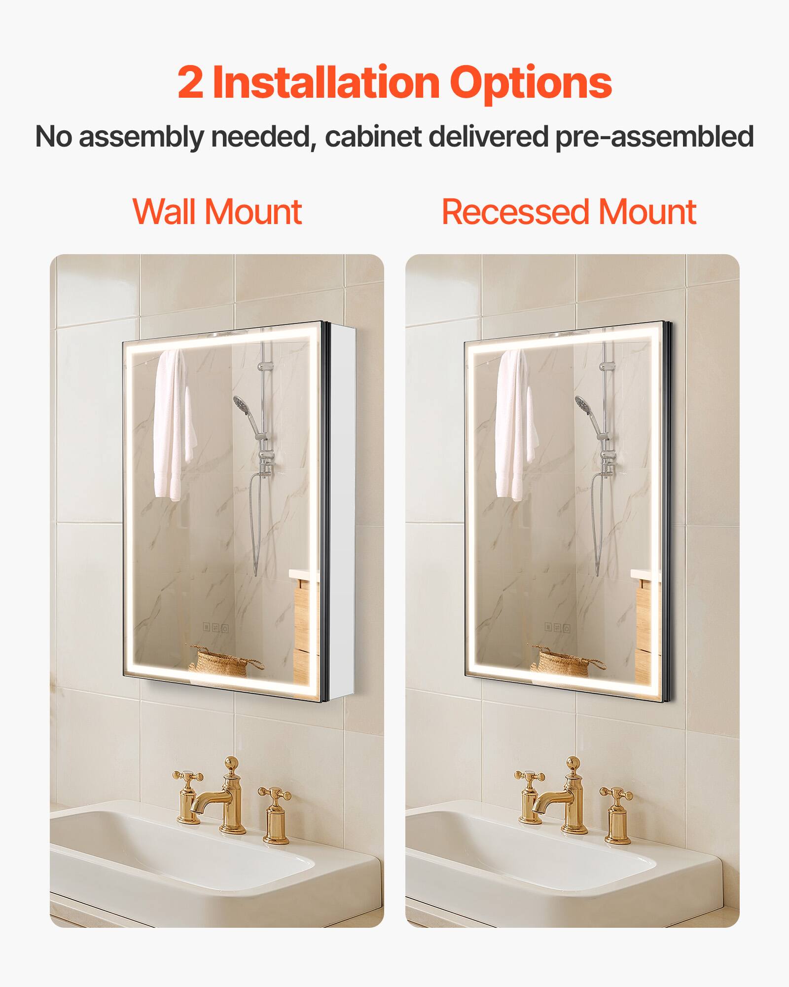 2 Installation Options
No assembly needed, cabinet delivered pre-assembled
Wall Mount
Recessed Mount