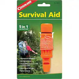 Coghlan’s - Coghlan's 5-in-1 Survival Aid, Fire Starter Flint Tool, Compass Whistle, Lanyard - bright orange