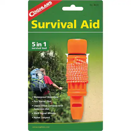 No. 8634
COGHLANS Survival Aid
5 in 1 survival tool
Waterproof Matchbox
Fire Starter Flint
Liquid Filled Compass with luminous dial
Shrill Signal Whistle
Nylon Lanyard
www.coghlans.com