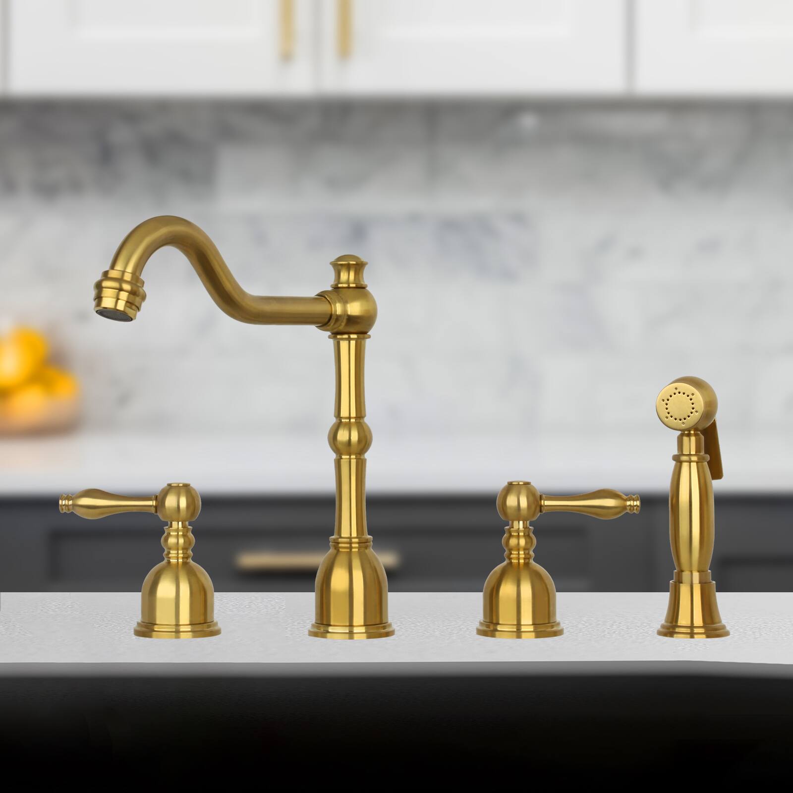 Alt View 7. Akicon - Akicon Solid Brass Two-Handles 360° Swivel Widespread Kitchen Faucet with Side Sprayer in Brushed Gold - Brushed Gold.
