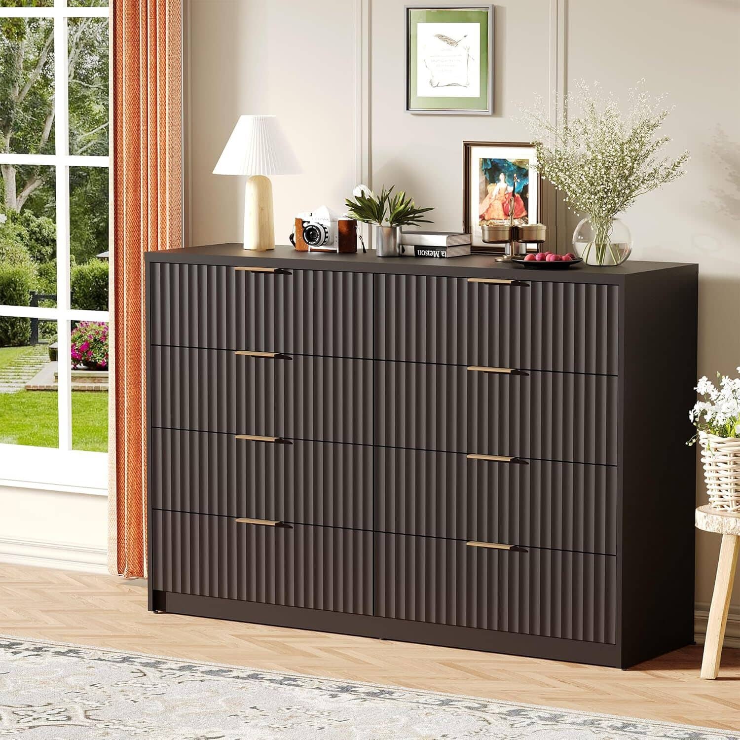 GARVEE - 8 Drawer Dresser for Bedroom Storage, Modern Dressers & Chests of Drawers with Fluted Front, Versatile Dresser - Black