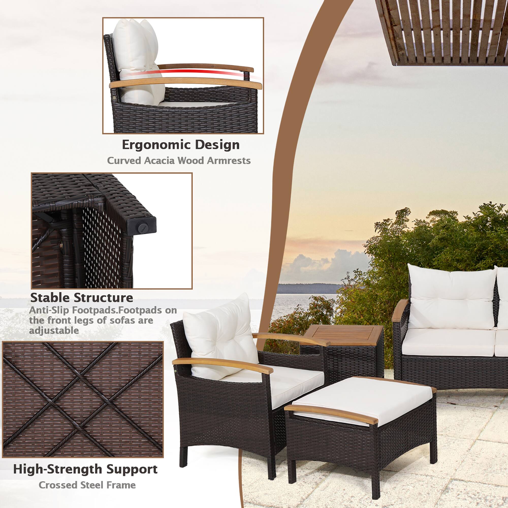 Ergonomic Design: Curved Acacia Wood Armrests  
Stable Structure: Anti-Slip Footpads. Footpads on the front legs of sofas are adjustable  
High-Strength Support: Crossed Steel Frame