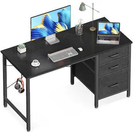 Front. AODK - Small Computer Desk with 3 Fabric Drawers & Hook, Modern Writing Table with Storage for Home Office and Small Spaces - Black.