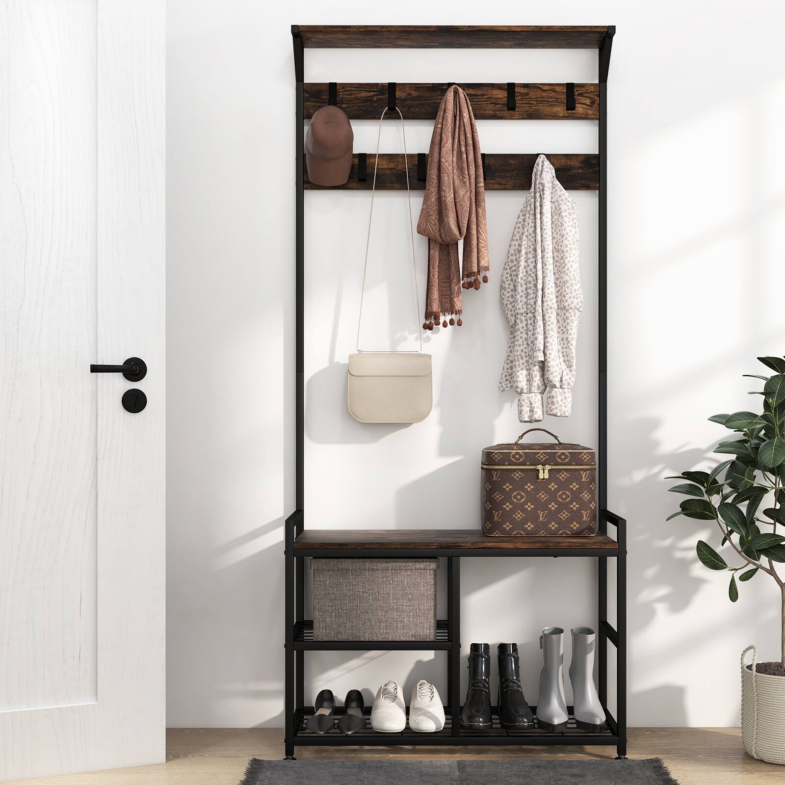 Alt View 1. Costway - Costway Costway 3-in-1 Coat Rack Industrial Hall Tree Shoe Bench Entryway Storage Shelf with Hooks - Rustic Brown.