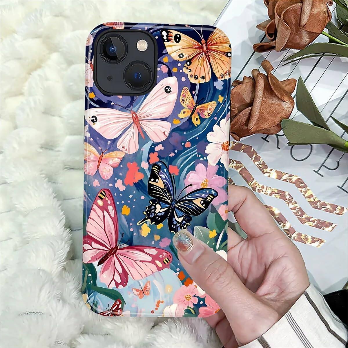Alt View 5. Wikistore - Case for iPhone 14/13 - Hybrid 2-Layer Durable Smartphone Protection Case - Butterflies Flowers Garden.