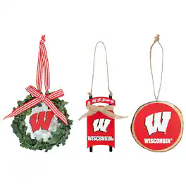 The Memory Company - Wisconsin Badgers Three-Pack Wreath, Sled & Circle Ornament Set - Multicolor