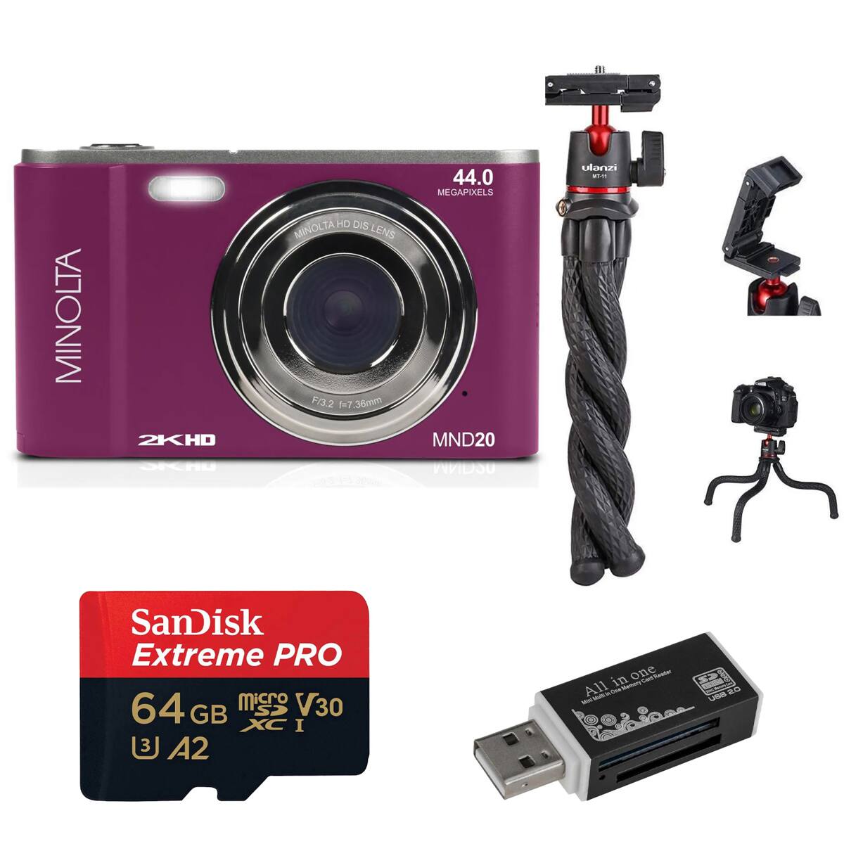 MINOLTA 2KHD HD DIS MINOLTA LENS F/3.2 f=7.36mm f=7 44.0 MEGAPIXELS MND20  
ulanzi AU  
SanDisk Extreme PRO 64 GB micro SDXC I V30 A2  
All in one