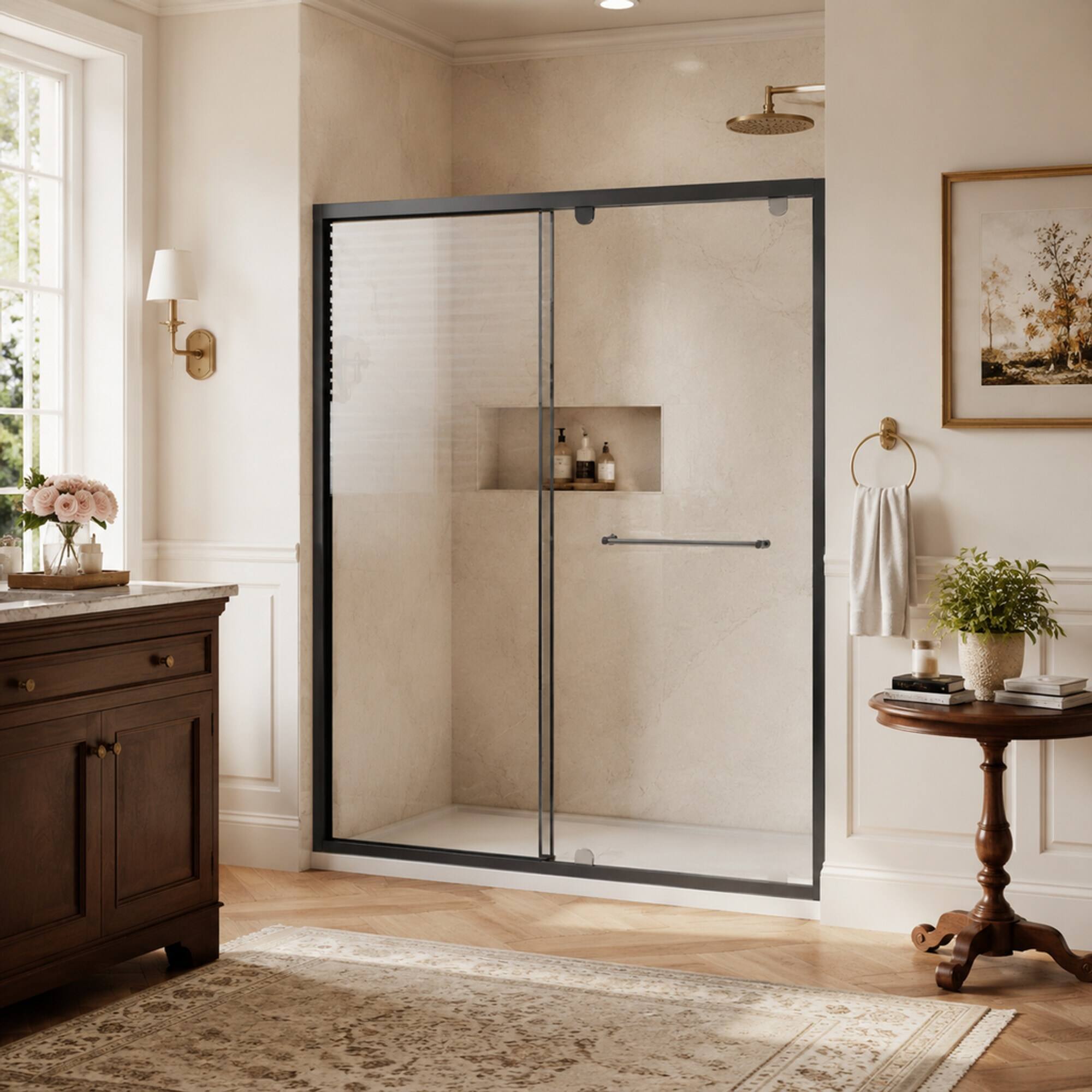 Back. RYHNUYNE - 56-60 In W X 72 In H Pivot Shower Door, 1/4 In Clear Tempered Glass With Stainless Steel Handle Black Finish - Matt Black.