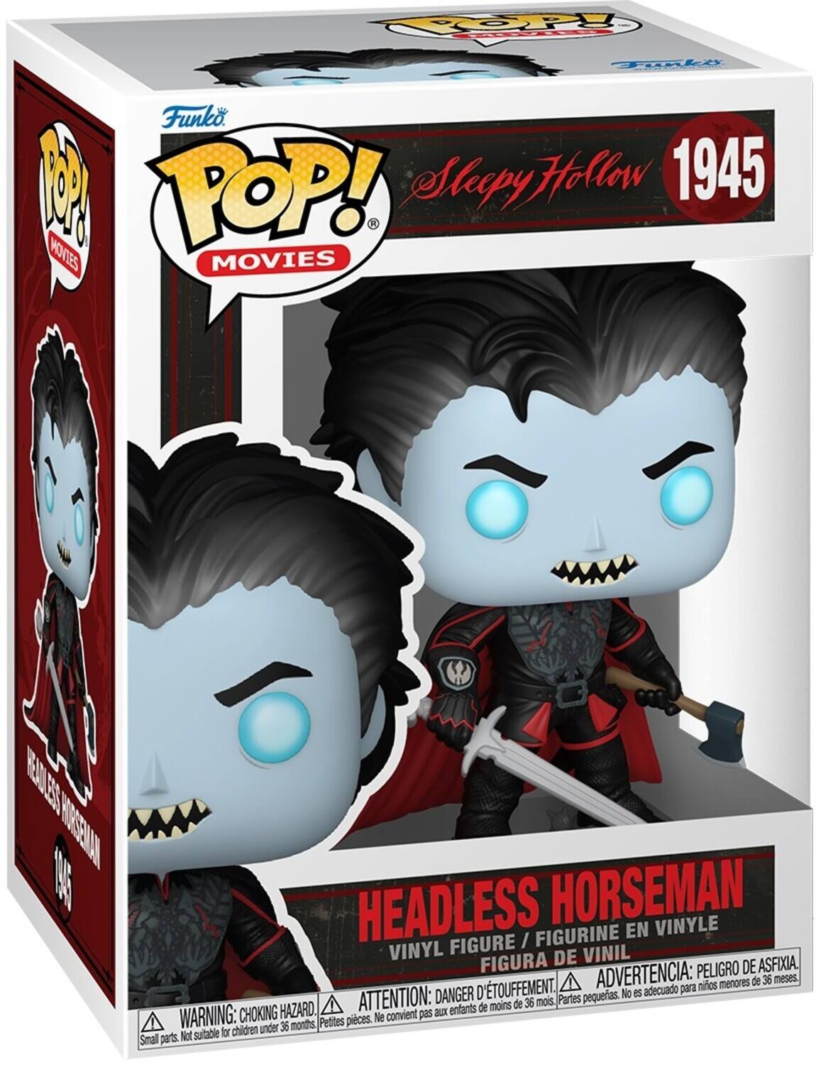 Sure, here is the corrected and grouped text from the image:

---

**Top Left:**
- Funko POP! Movies
- Sleepy Hollow 1945

**Top Right:**
- 1945
- Sleepy Hollow

**Center:**
- HEADLESS HORSEMAN
- VINYL FIGURE / FIGURINE EN VINYLE
- FIGURA DE VINIL

**Bottom:**
- WARNING: CHOKING HAZARD. Small parts. Not suitable for children under 36 months.
- ATTENTION: DANGER D'ÉTOUFFEMENT. Petites pièces. Ne convient pas aux enfants de moins de 36 mois.
- ADVERTENCIA: PESEGO DE ASFIXIA. Peligro de asfixia. No es adecuado para niños menores de 36 meses.

**Bottom Left:**
- HEADLESS HORSEMAN 1945

---
