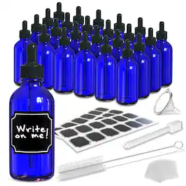 Nevlers - 4 Oz. Glass Dropper Bottles with Funnel, Brush, Shrink Wrap, Marker and Labels (Pack of 24) - Blue