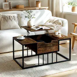 WELLFOR - Modern Lift Top Coffee Table with Hidden Compartment, Rectangle Center Table for Living Room - Rustic Brown
