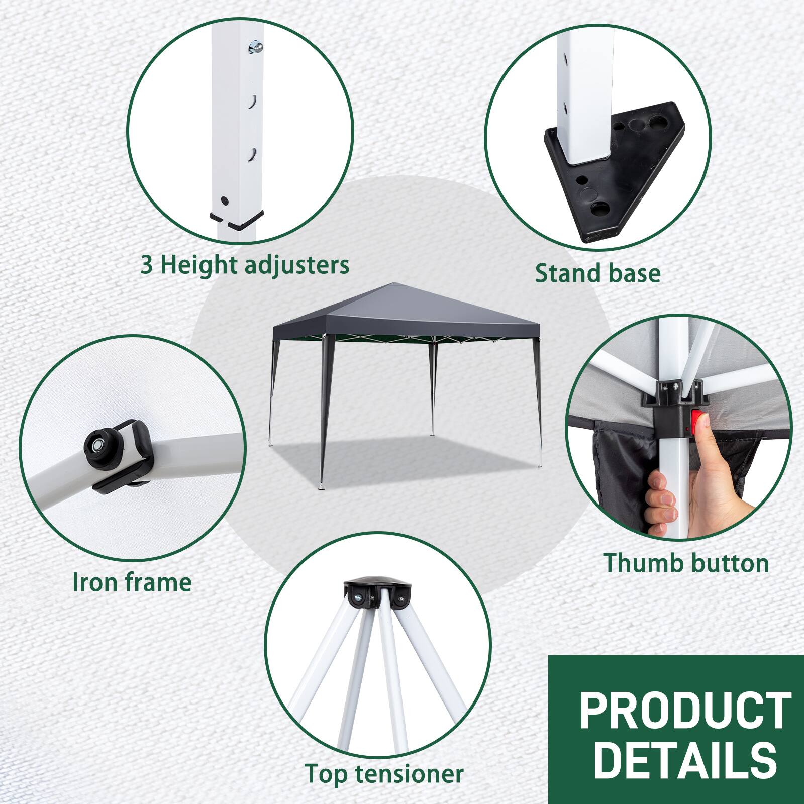 PRODUCT DETAILS

- 3 Height adjusters
- Stand base
- Iron frame
- Thumb button
- Top tensioner