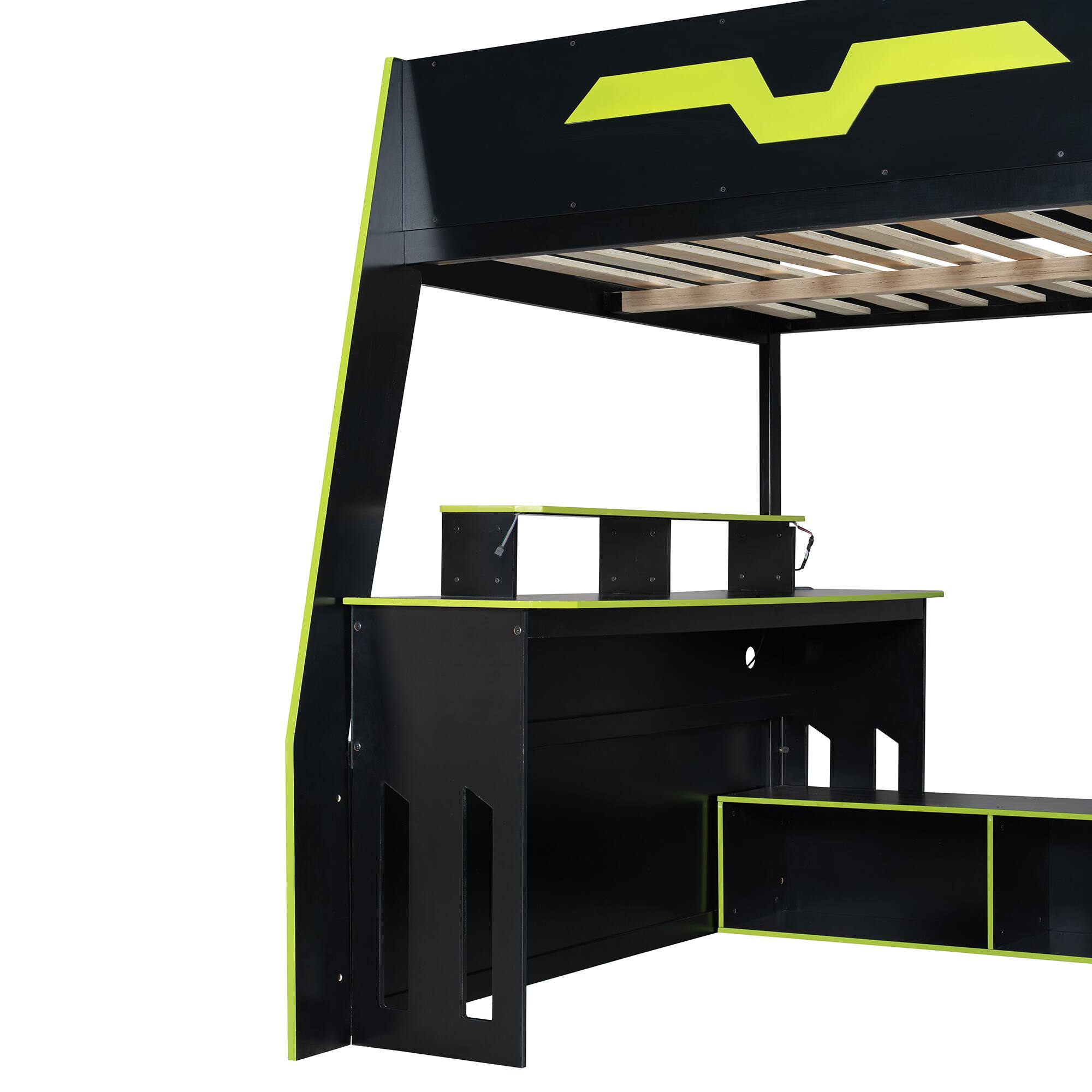 Alt View 2. Anysun - Full Size Wood Loft Bed with Desk, Multi-storage Shelves and RGB Light, Table with adjustable placement - Green.