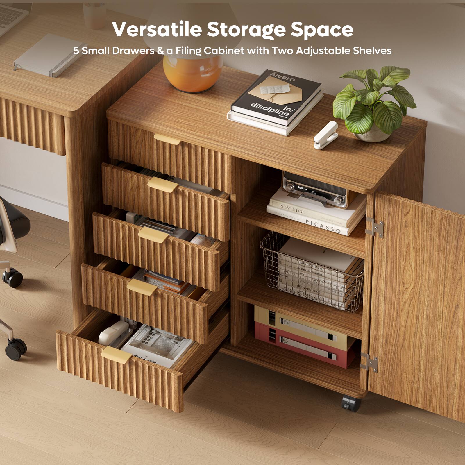 Versatile Storage Space  
5 Small Drawers & a Filing Cabinet with Two Adjustable Shelves