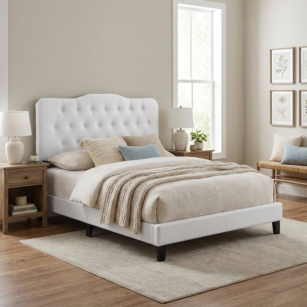 Left. FurniFact - Upholstered Vinyl Queen Headboard with Stylish Design and Durable Finish - White.