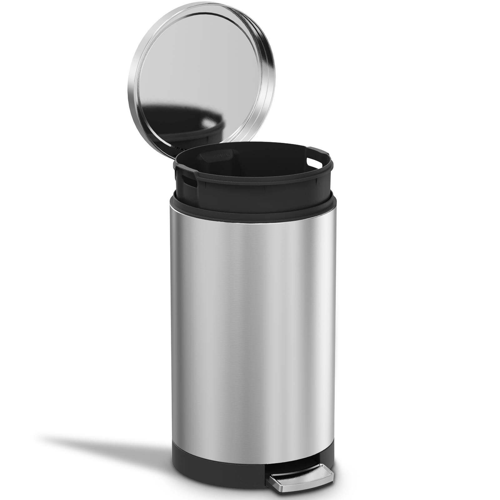Angle. SIMPLYKLEEN - Simplykleen Stainless Steel Kitchen Trash Can, 7.9 Gallon, Round Soft Close Step On Lid Garbage Bin, Silver - Silver.