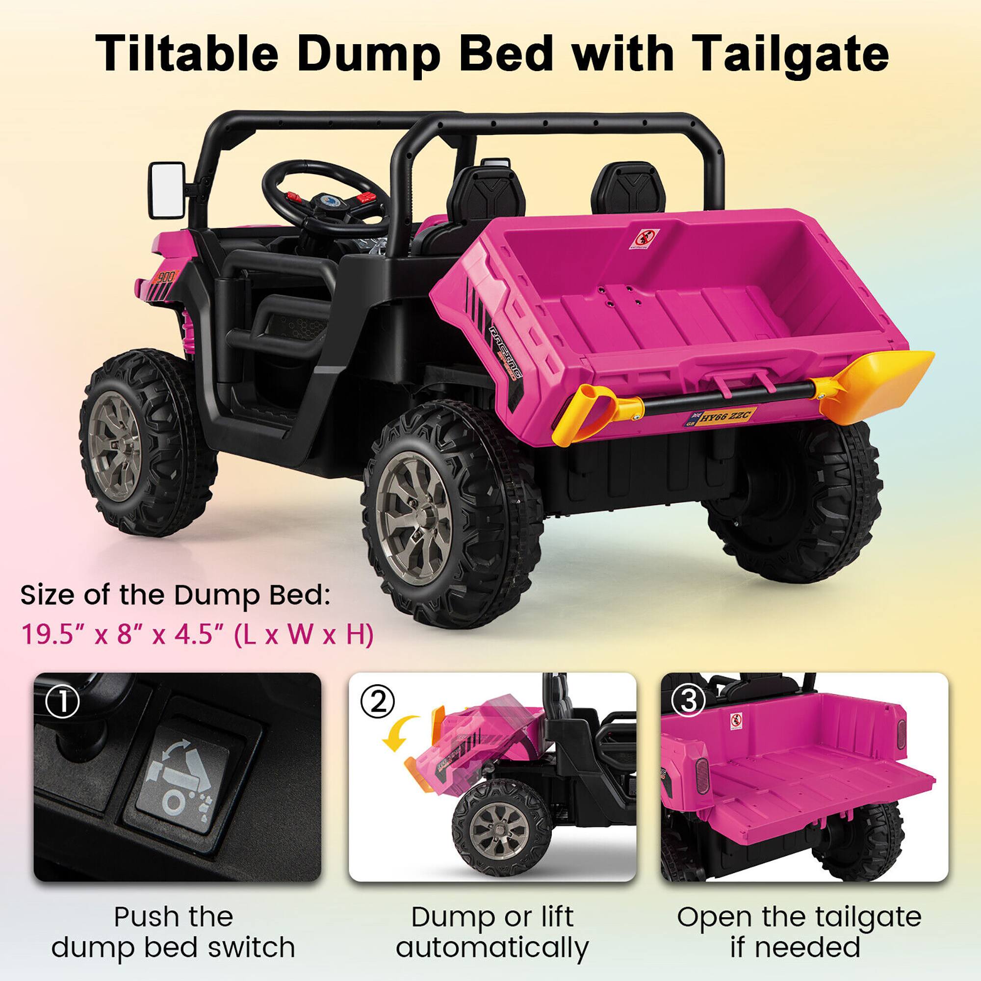 Tilttable Dump Bed with Tailgate

Size of the Dump Bed: 19.5" x 8" x 4.5" (L x W x H)

1. Push the dump bed switch
2. Dump or lift automatically
3. Open the tailgate if needed