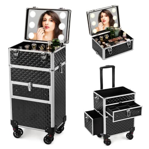 Winado Rolling Makeup Case Trolley with LED Lighted Mirror & 2