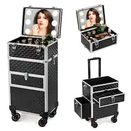 Winado - Rolling Makeup Case Trolley with LED Lighted Mirror & 2 Drawers Large Capacity Professional Cosmetology Lockable Travel - Black