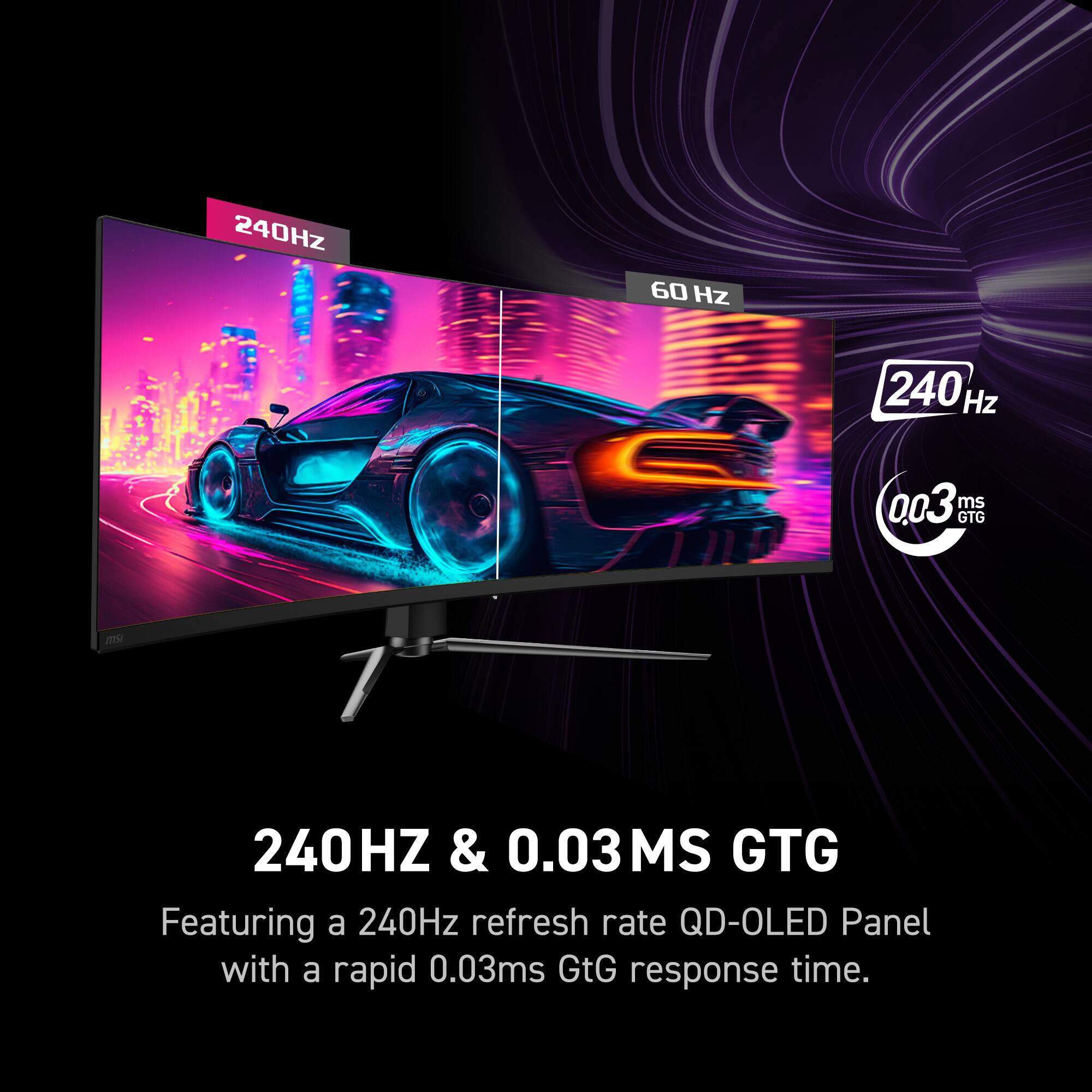 The text on the image reads: "240HZ & 0.03MS GTG Featuring a 240Hz refresh rate QD-OLED Panel with a rapid 0.03ms GtG response time."