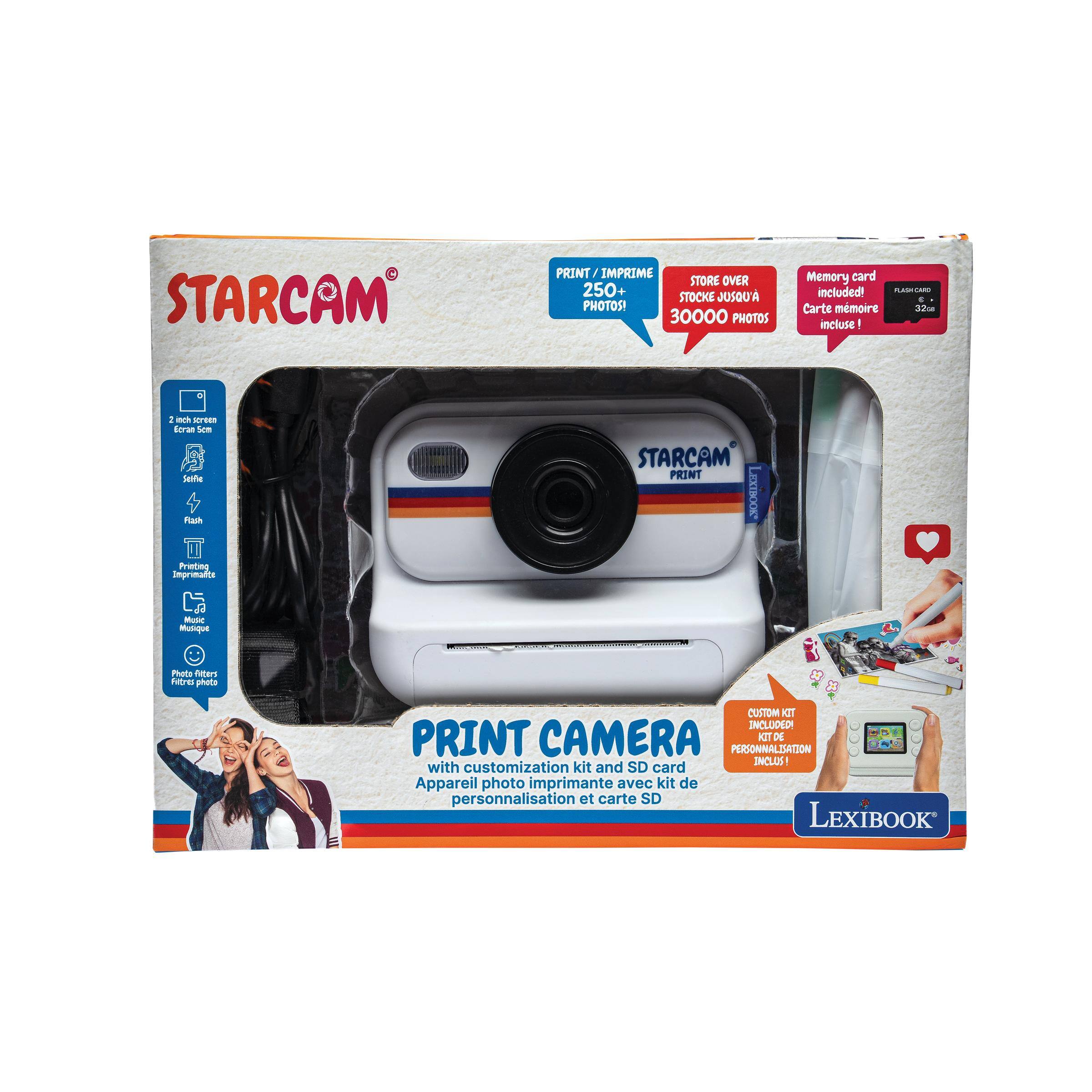 STARCAM  
PRINT / IMPRIME STORE OVER 250+ STOCKE JUSQU' À 30000 PHOTOS!  
Memory card included! FLUSH-CARD C Carte mémoire 32u incluse!  
1 inch screen Goran 5cm Selfie Flash Printing Imprimalits  
STARCAM PRINT LEXIBOOK  
Music Musique  
Photo filters Filtres photo  
CUSTOM KIT INCLUDED! PRINT CAMERA KIT DE PERSONNALISATION SOMONI with customization kit and SD card Appareil photo imprimante avec kit de personnalisation et carte SD LEXIBOOK
