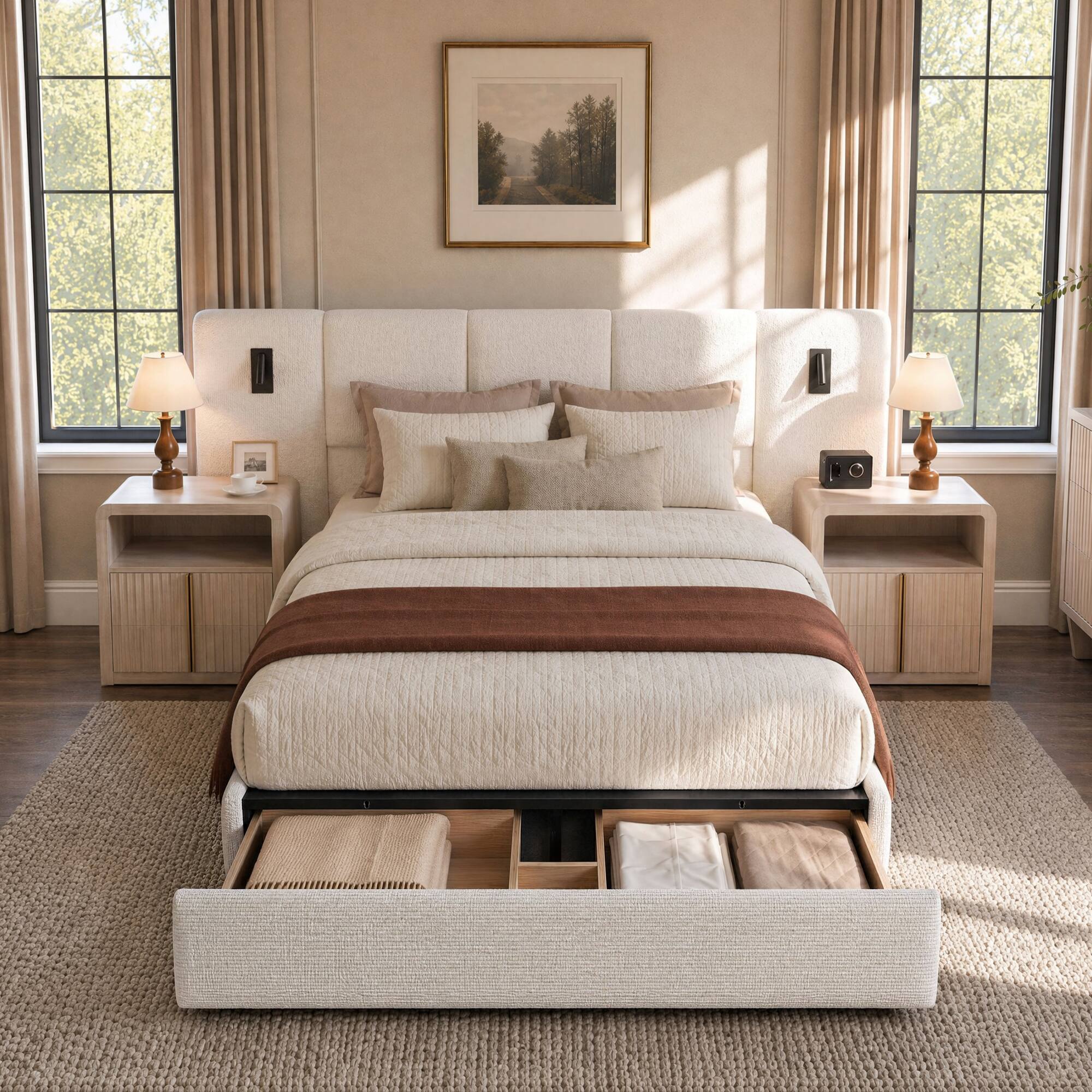 Alt View 7. ModernMate - Upholstered Platform Bed Frame with Extended Headboard, Wide Headboard Bed with Storage Footboard Drawers - Begie.