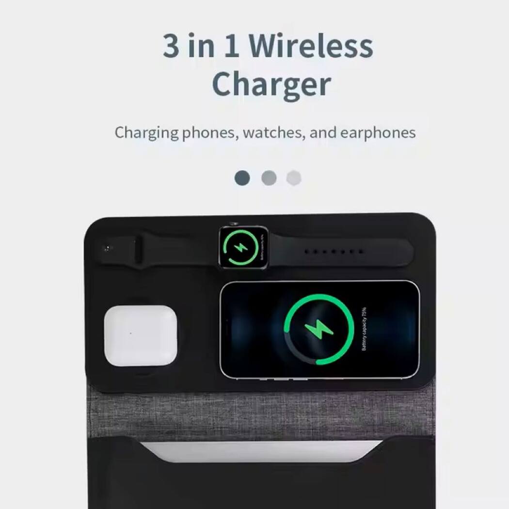3 in 1 Wireless Charger: Charging phones, watches, and earphones with a 75% capacity battery.