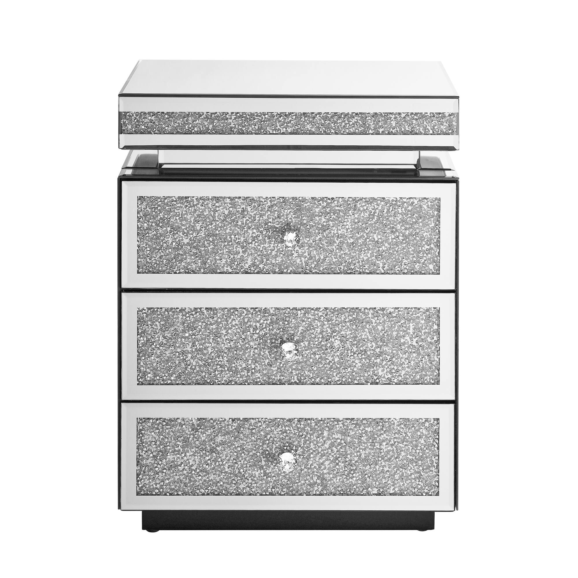 Alt View 6. Spaco - Spaco Mirrored Nightstand with 3 Drawers, Silver Nightstand with Crystal Inlay, Bedside Table, Glass Table for Bedroom - Silver.