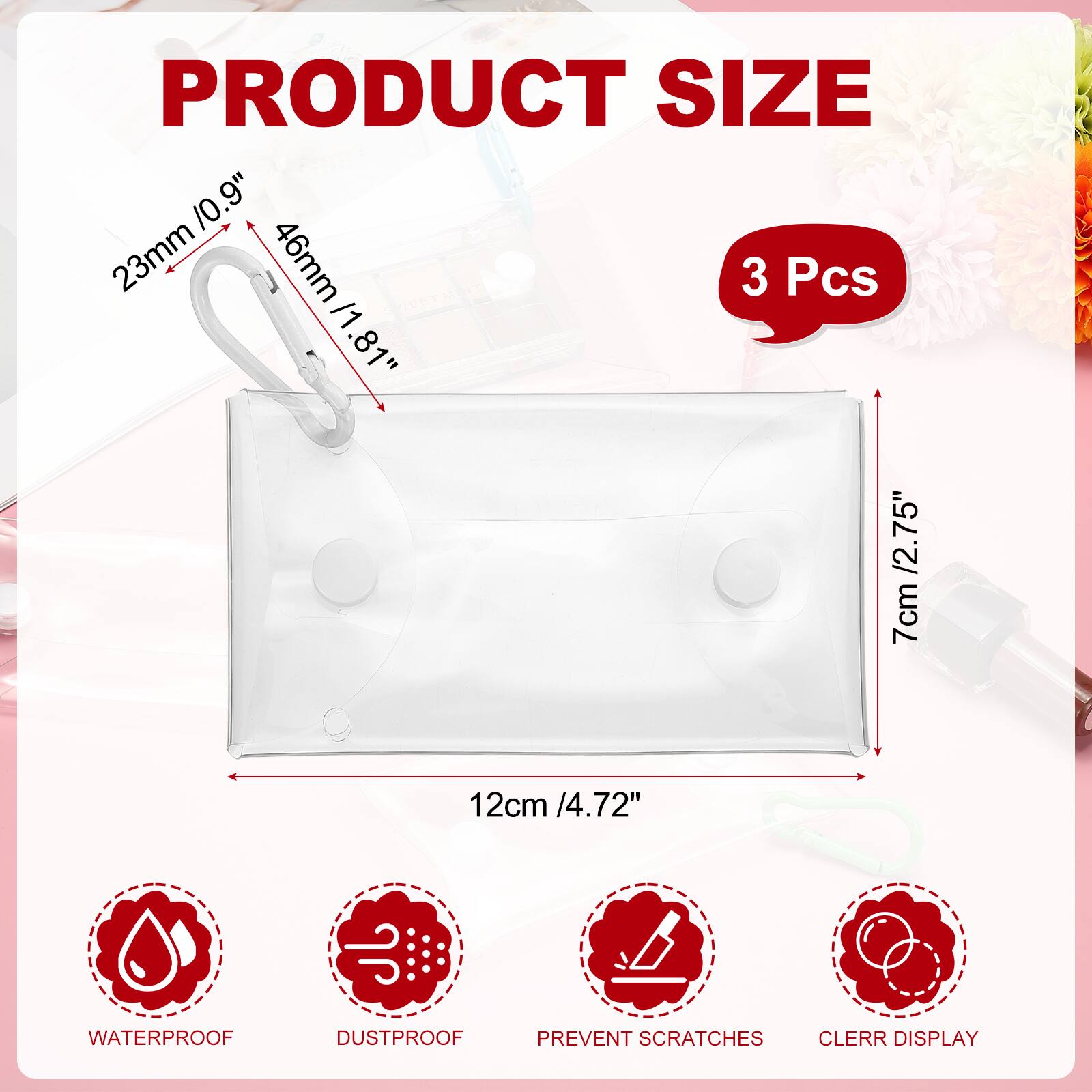 PRODUCT SIZE

- 23mm / 0.9"
- 46mm / 1.81"
- 7cm / 2.75"
- 12cm / 4.72"

3 Pcs

WATERPROOF
DUSTPROOF
PREVENT SCRATCHES
CLEAR DISPLAY