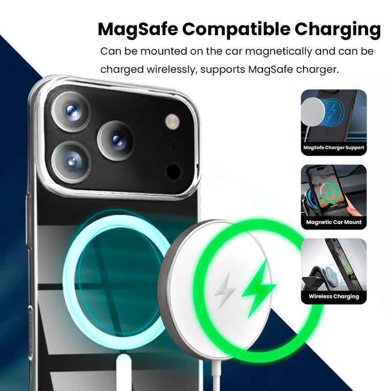 MagSafe Compatible Charging

Can be mounted on the car magnetically and can be charged wirelessly, supports MagSafe charger.

- MagSafe Charger Support
- Magnetic Car Mount
- Wireless Charging