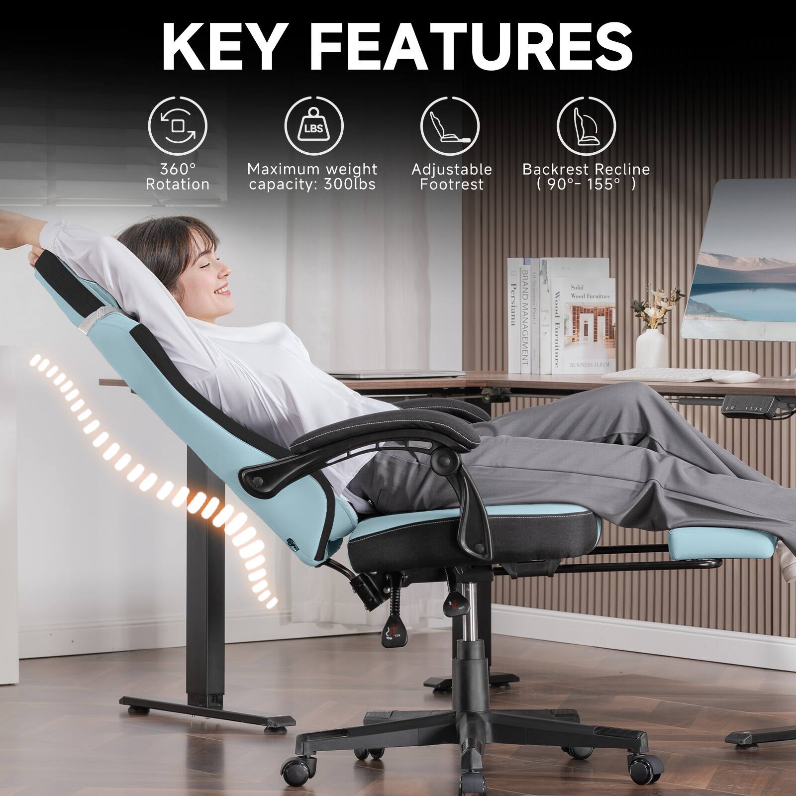 KEY FEATURES

- 360° Rotation
- Maximum weight capacity: 300lbs
- Adjustable Footrest
- Backrest Recline (90° - 155°)