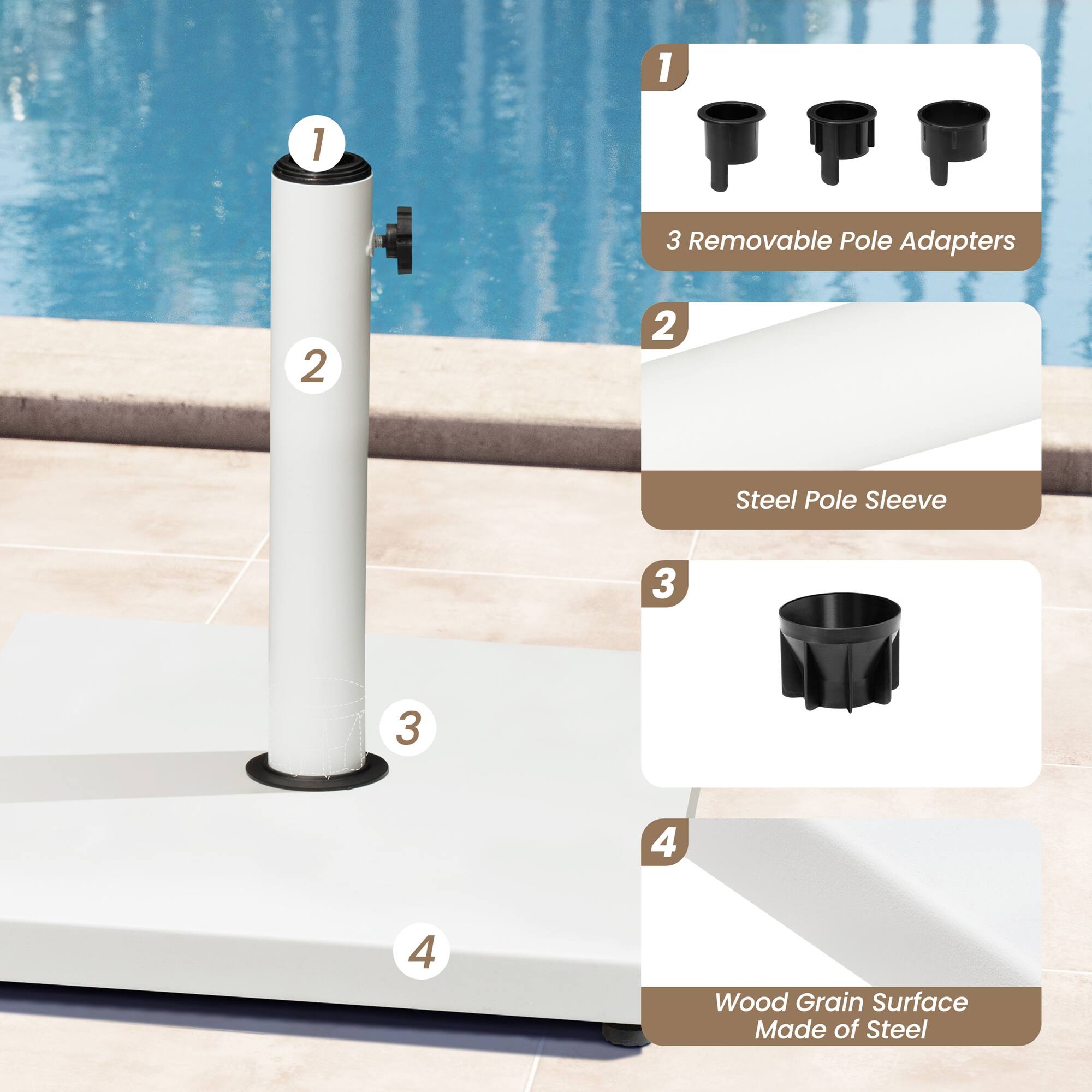 1. 3 Removable Pole Adapters  
2. Steel Pole Sleeve  
3. Wood Grain Surface Made of Steel
