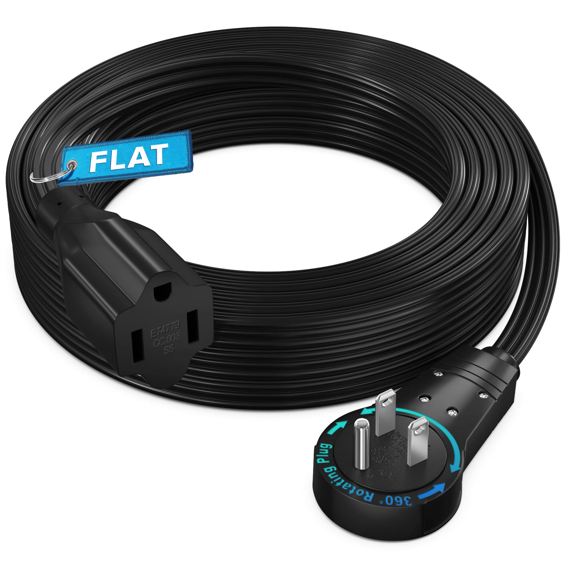 Maximm - 360° Rotating Flat Plug Extension Cord 15 feet Flat Cord Under Carpet with Slim Space-Saving Plug Design - Black