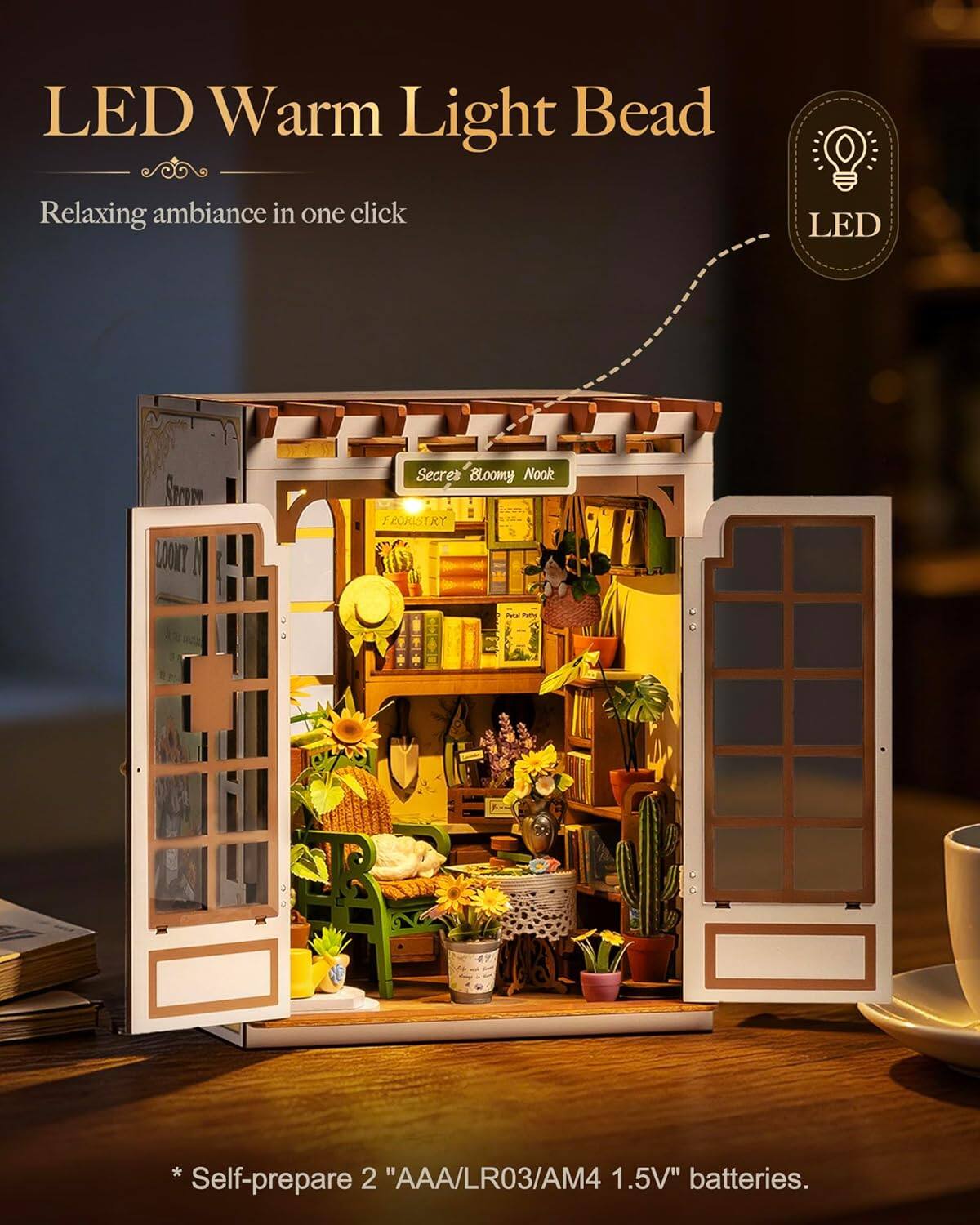 LED Warm Light Bead  
Relaxing ambiance in one click  

LED Sm L0NT  
Secrets Bloomy Nook  
JLOHISTRY MY  

*Self-prepare 2 "AAA/LR03/AM4 1.5V" batteries.