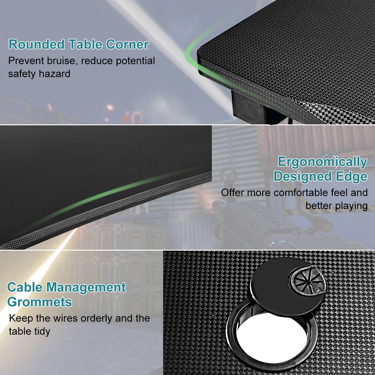 The image features a product with a green and black design, and it is described as a "Rounded Table Corner" that prevents bruises and reduces potential safety hazards. The product also has an "Ergonomically Designed Edge" that offers a more comfortable feel and better playing experience. Additionally, the product is equipped with "Cable Management Grommets" that keep the wires orderly and the table tidy.