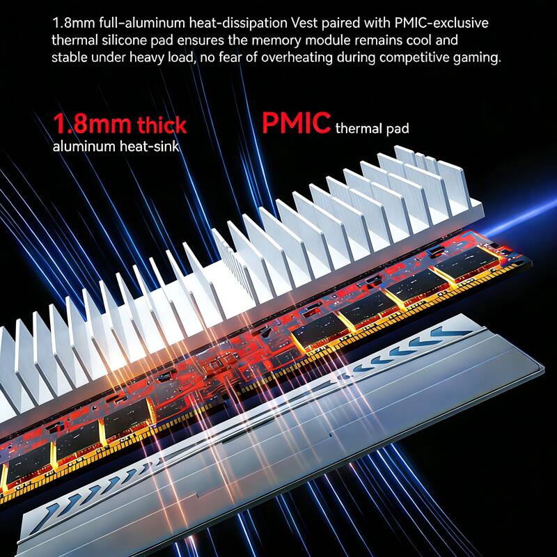 1.8mm full-aluminum heat-dissipation Vest paired with PMIC-exclusive thermal silicone pad ensures the memory module remains cool and stable under heavy load, no fear of overheating during competitive gaming.

1.8mm thick aluminum heat-sink

PMIC thermal pad