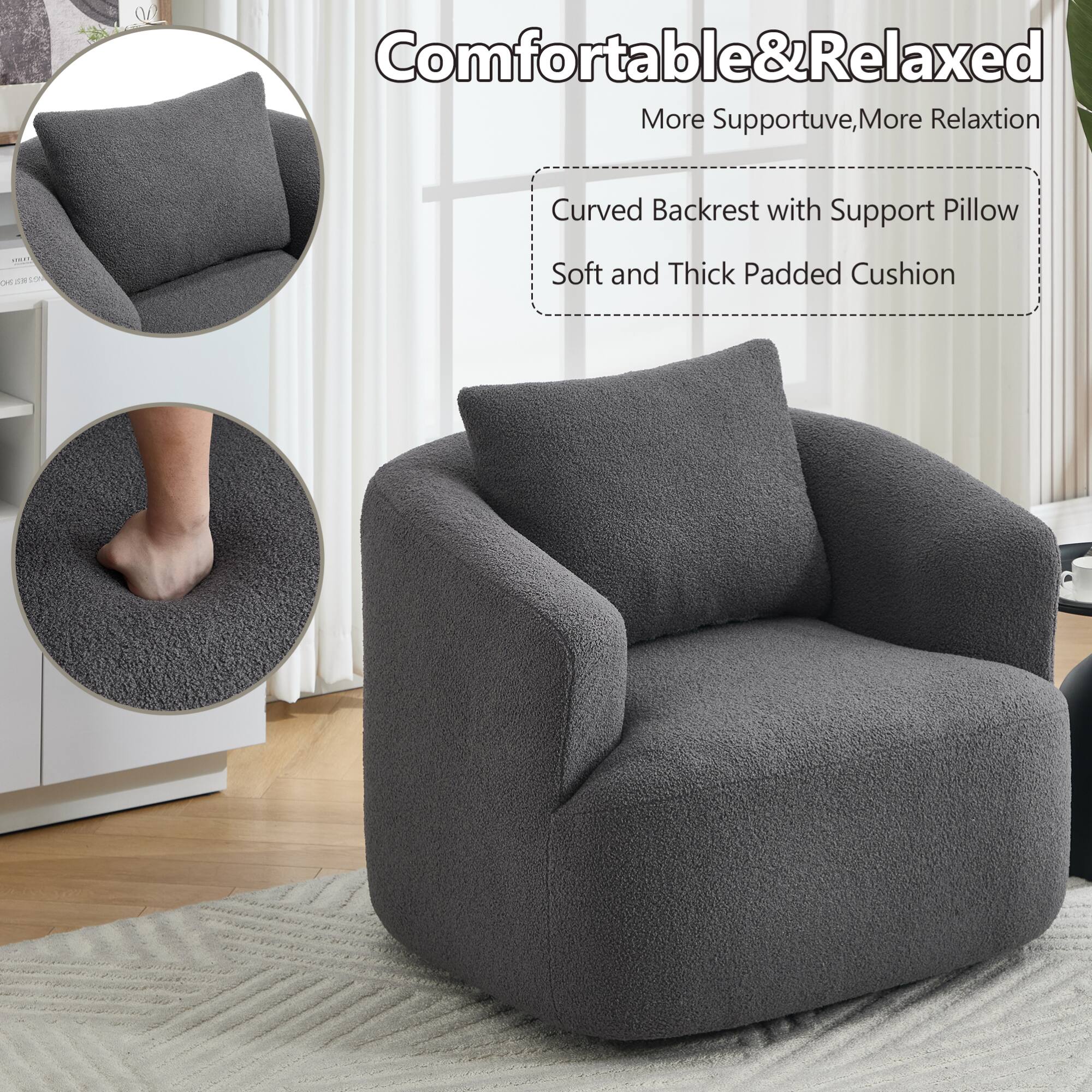 Comfortable & Relaxed  
More Supportive, More Relaxation  

Curved Backrest with Support Pillow  
Soft and Thick Padded Cushion