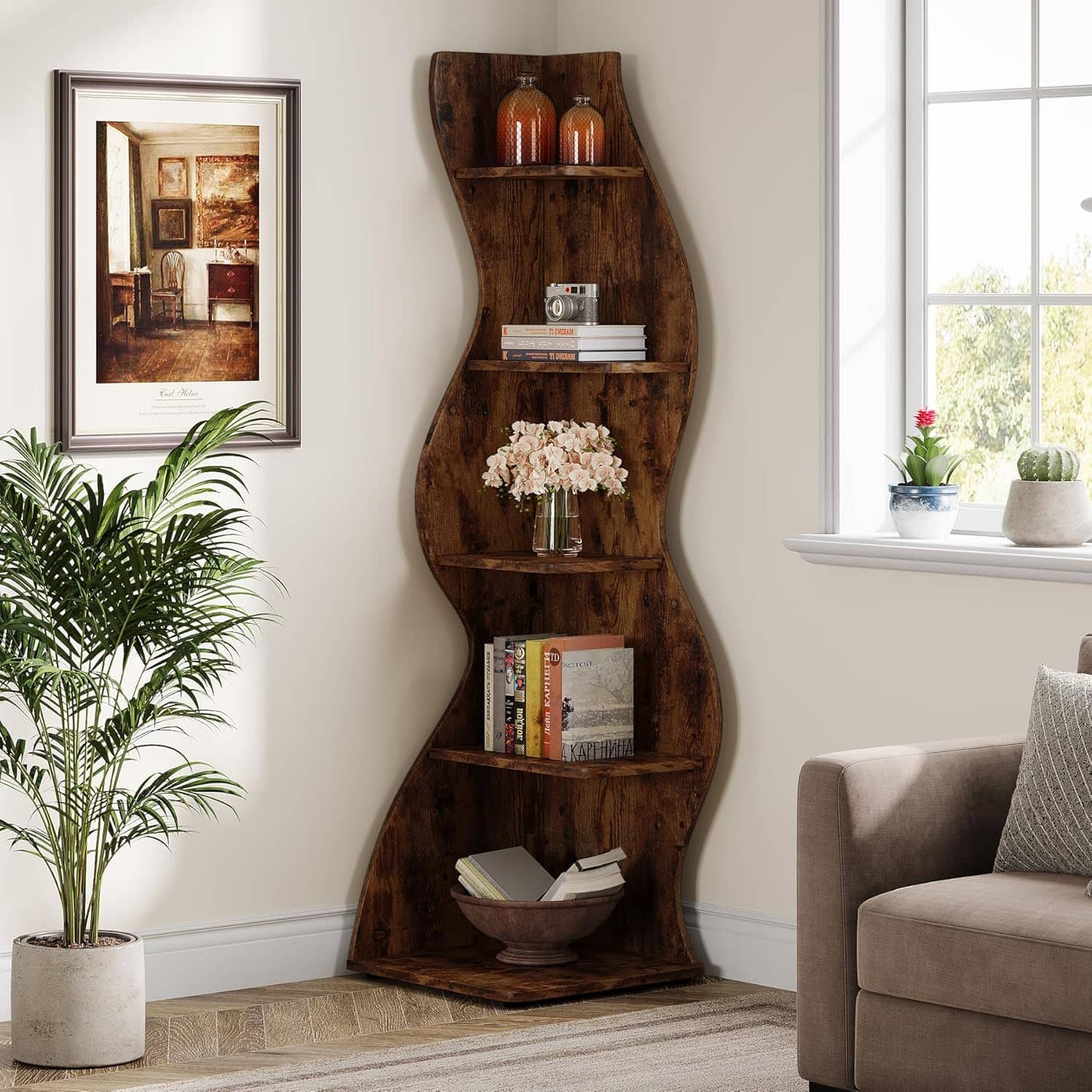 Tribesigns - Corner Bookshelf with Storage Shelves and Book and Decor Display for Living Room - Dark Brown