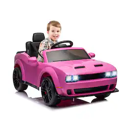 GARVEE - Licensed Dodge Challenger 12V Kids Ride-On Car, Electric Vehicle with Remote Control, LED Headlights, Battery Display - Pink