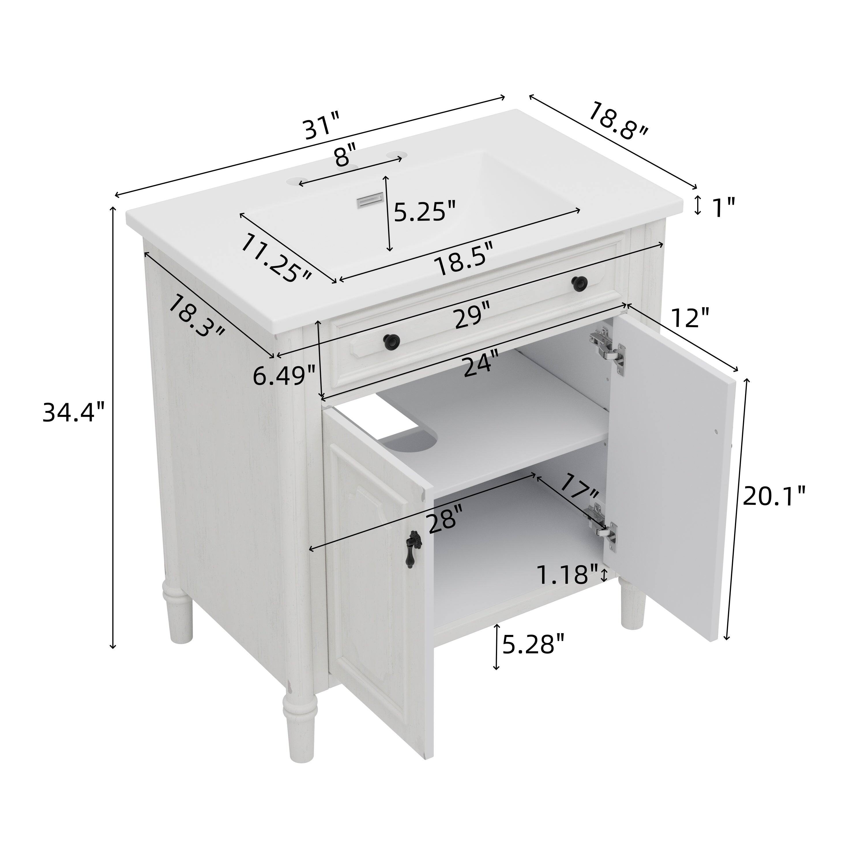 31"  
8"  
18.8"  
34.4"  
11.25"  
18.3"  
6.49"  
5.25"  
18.5"  
29"  
24"  
1"  
12"  
28"  
17"  
1.18"  
20.1"  
5.28"