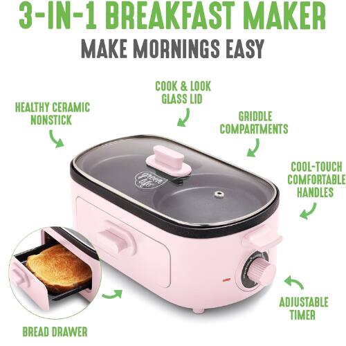 3-IN-1 BREAKFAST MAKER  
MAKE MORNINGS EASY  

HEALTHY CERAMIC NONSTICK  
COOK & LOOK GLASS LID  
GRIDDLE COMPARTMENTS  
COOL-TOUCH COMFORTABLE HANDLES  
BREAD DRAWER  
ADJUSTABLE TIMER