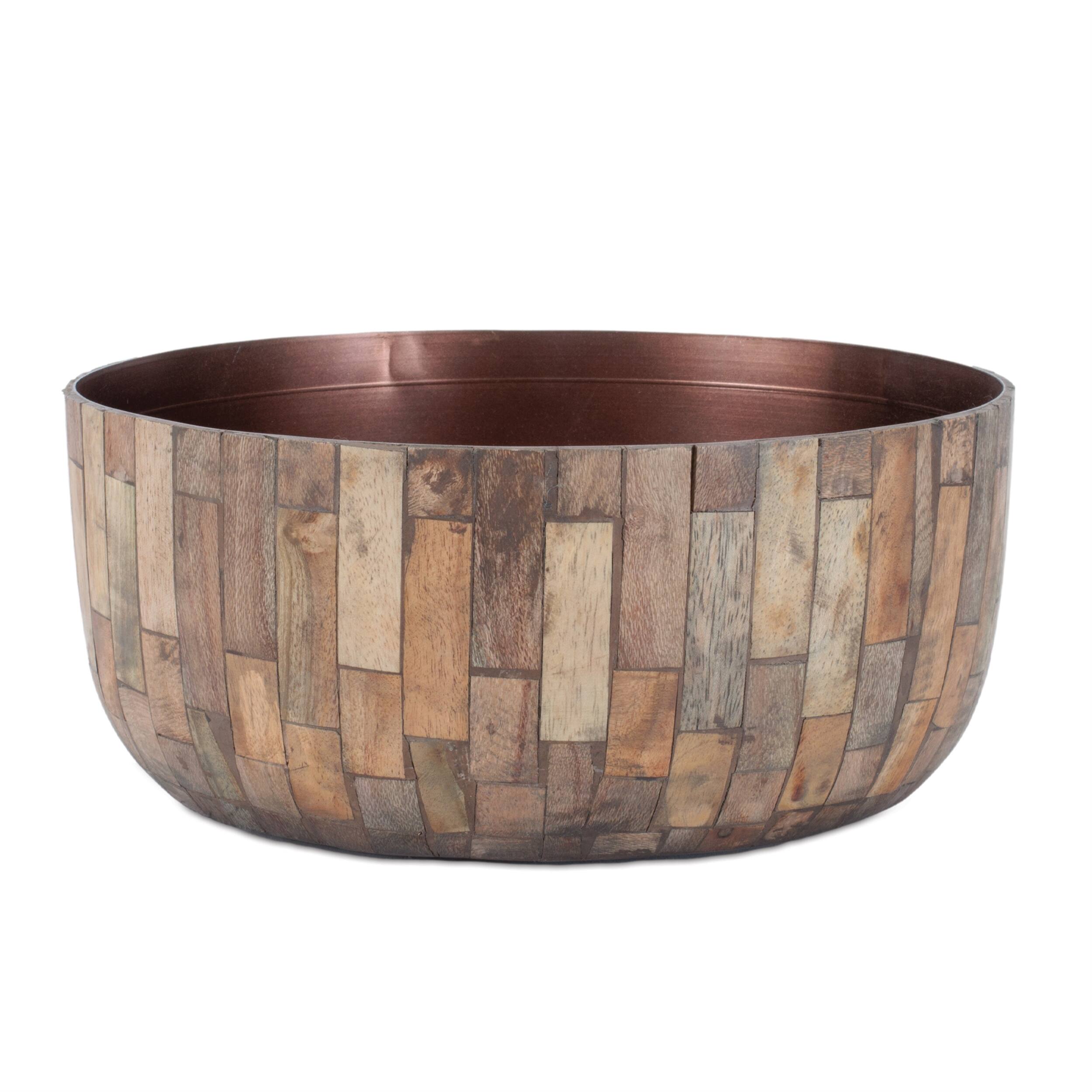 Angle. BreeBe - Round Wooden Bowl Planter (Set of 2) - Brown.