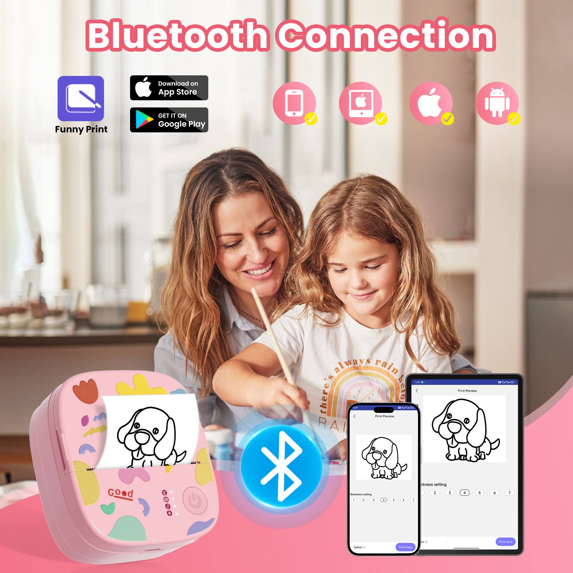 Bluetooth Connection  
Download on App Store  
Funny Print  
GET IT ON Google Play  

there's always rain  
Good