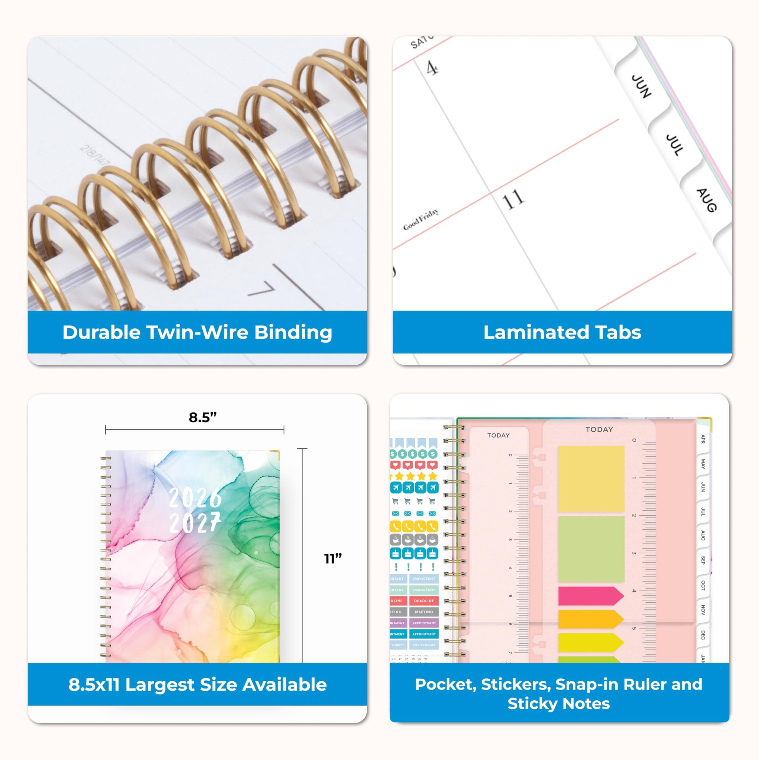 218/147  
SATO 4 GoodFriday  
11  
JUN JUL AUG  
Durable Twin-Wire Binding  
Laminated Tabs  
8.5" 2026 2027  
11"  
8.5x11 Largest Size Available  
Pocket, Stickers, Snap-in Ruler and Sticky Notes