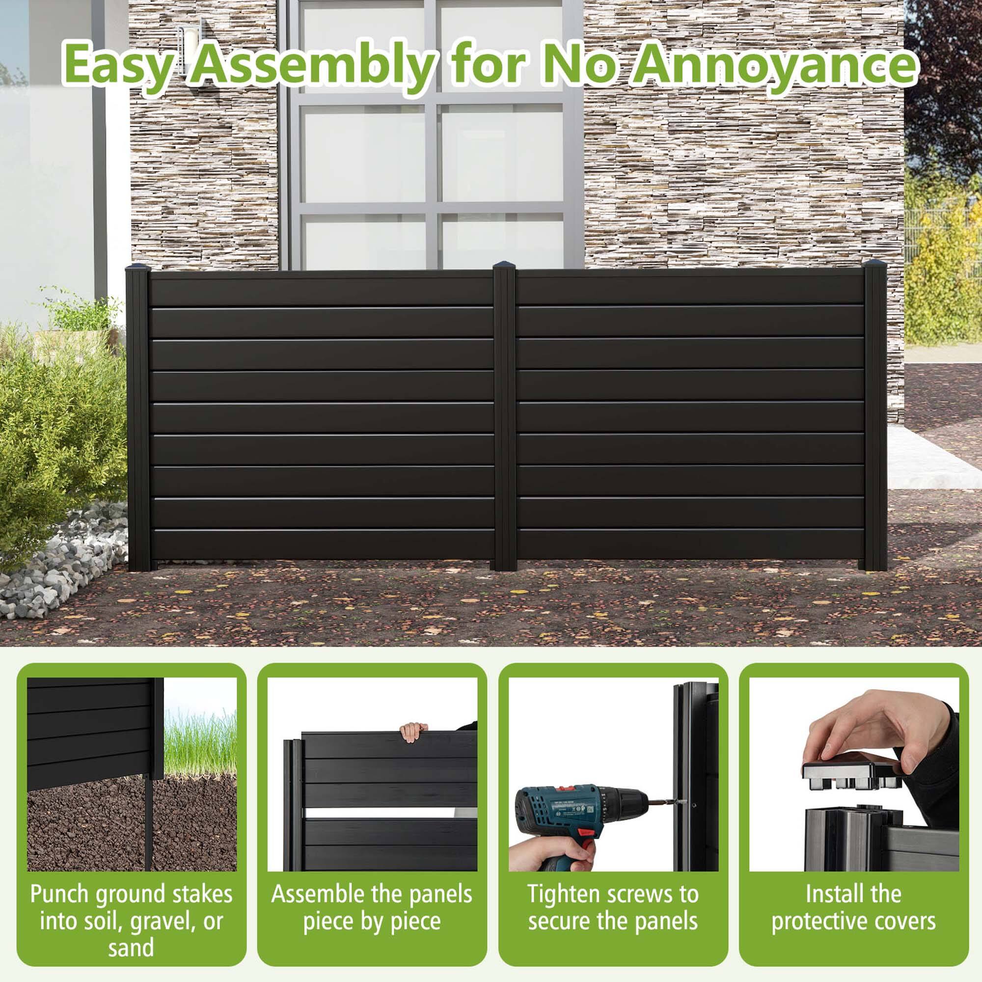 Easy Assembly for No Annoyance: Punch ground stakes, assemble the panels into soil, gravel, or piece by piece sand, tighten screws to secure the panels, and install the protective covers.