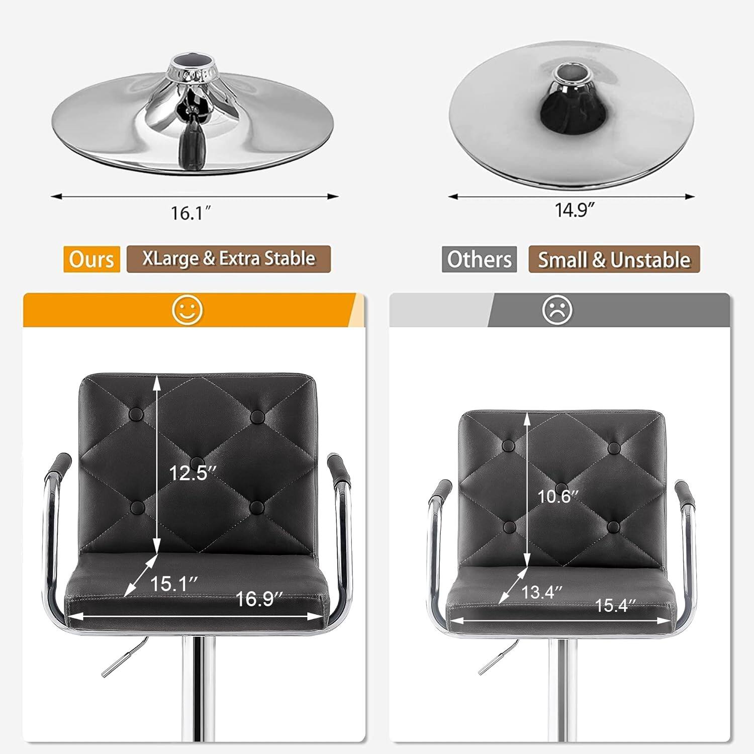 - **Ours:**
  - 16.1" (XLarge & Extra Stable)
  - 12.5"
  - 15.1"
  - 16.9"

- **Others:**
  - 14.9" (Small & Unstable)
  - 10.6"
  - 13.4"
  - 15.4"